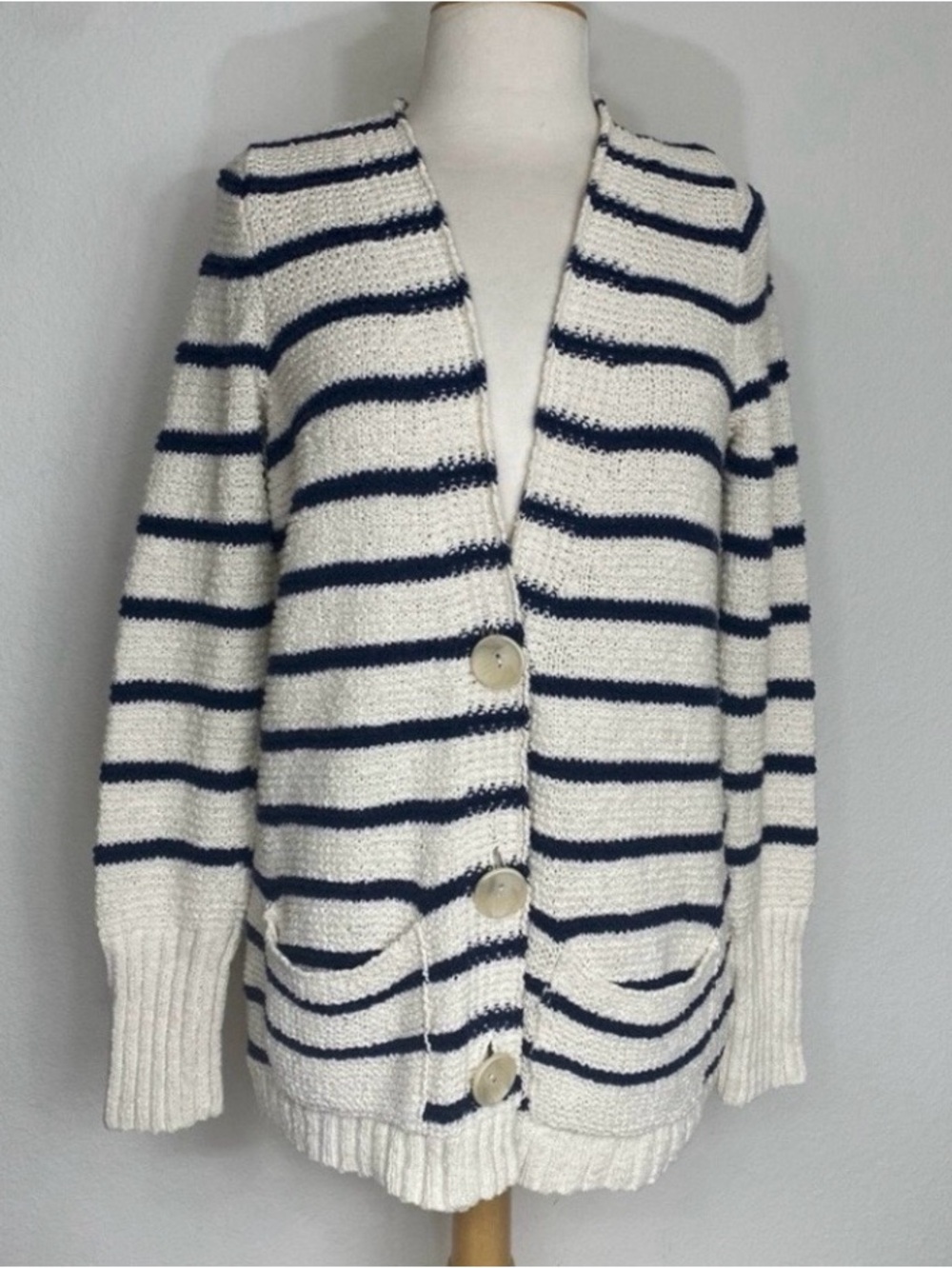 Free People Womens Cream Navy Stripe Cotton Coastal Thick Knit Cardigan Size L